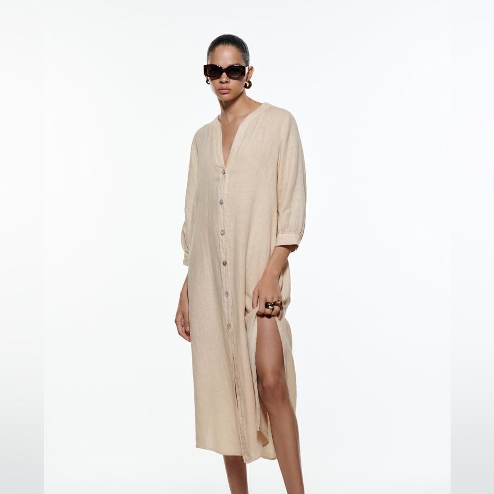 Zara 100% Linen Dress Midi Pockets Vents Sand - Picture 6 of 7